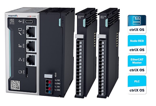 Zestaw Startowy ctrlX AUTOMATION Bosch Rexroth (R9114-272-28). Zdjęcie przedstawia zestaw produktów do automatyzacji przemysłowej, który jest gotowym rozwiązaniem do szybkiego rozpoczęcia pracy z platformą ctrlX AUTOMATION. Na pierwszym planie widoczny jest kompaktowy, modułowy sterownik przemysłowy ctrlX COREplus X3 (zazwyczaj w ciemnej obudowie z wyraźnymi portami komunikacyjnymi) oraz dołączone do niego moduły wejść/wyjść (I/O) ctrlX – moduł wejść cyfrowych i moduł wyjść cyfrowych (oba po 16 kanałów). Komponenty te są często ułożone obok siebie lub zmontowane. Całość symbolizuje otwartą architekturę, opartą na systemie Linux, służącą do zastosowań PLC, IoT oraz EtherCAT.