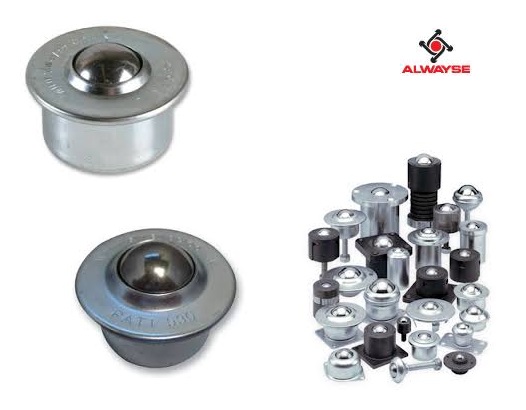 Jasne, techniczne ujęcie studyjne, prezentujące grupę zespoł&oacute;w kulowych (kul transportowych) ALWAYSE ułożonych na metalowej powierzchni roboczej lub neutralnym tle. Widoczne są r&oacute;żnorodne rozmiary i typy zespoł&oacute;w: od małych, okrągłych jednostek z kołnierzem, po większe, kwadratowe lub sześciokątne moduły przeznaczone do montażu. W centrum uwagi znajduje się lśniąca, stalowa kula gł&oacute;wna każdego zespołu, otoczona mniejszymi kulkami nośnymi. Ujęcie podkreśla solidną, metalową konstrukcję i precyzję wykonania, kluczowe dla płynnego transportu materiał&oacute;w. Zespoły kulowe - DAKAM dystrybutor w polsce 