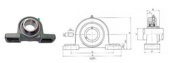 Zespoły łożyskowe UCP | DAKAM Obraz przedstawia zespoły łożyskowe stojące (pillow block) typu UCP od producenta SNR. Zespoły te składają się z solidnej, żeliwnej oprawy w kształcie bloku z dwoma otworami montażowymi w podstawie, co umożliwia ich przykręcenie do płaskiej powierzchni. W centralnej części oprawy osadzone jest łożysko kulkowe samonastawne z poszerzonym pierścieniem wewnętrznym. Na korpusie oprawy widoczne jest wytłoczone logo SNR, które identyfikuje producenta. Łożysko jest zazwyczaj mocowane na wale za pomocą śrub dociskowych, a całość tworzy gotowy do pracy, wytrzymały zespół łożyskowy.